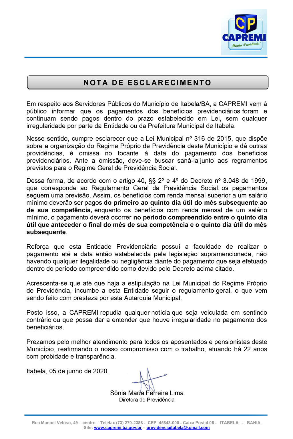 nota esclarecimento pagamentos